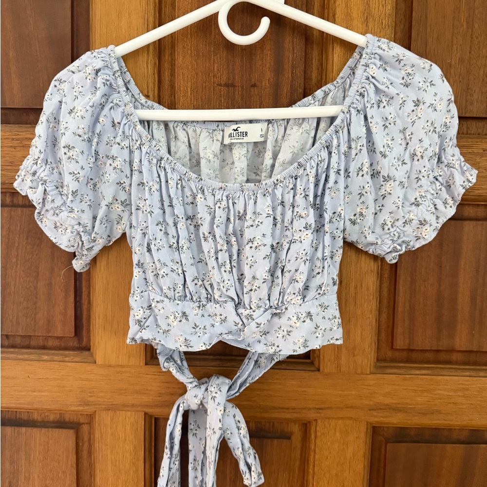Hollister Light Blue Floral Blouse with Tie Front